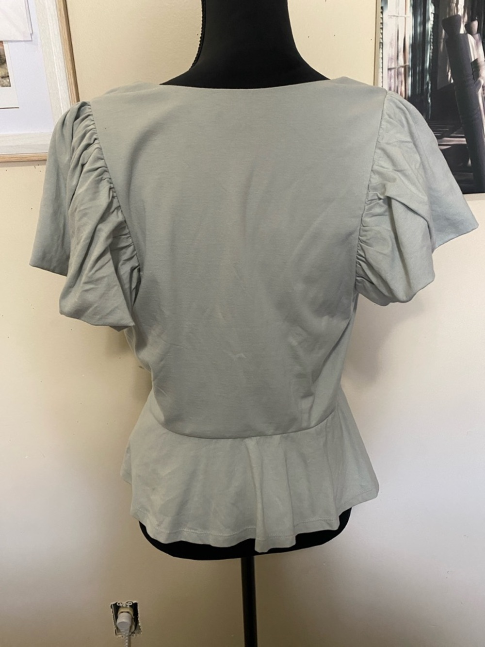 Express Sage Green Puff Sleeve Wrap Peplum Top - Picture 2 of 2
